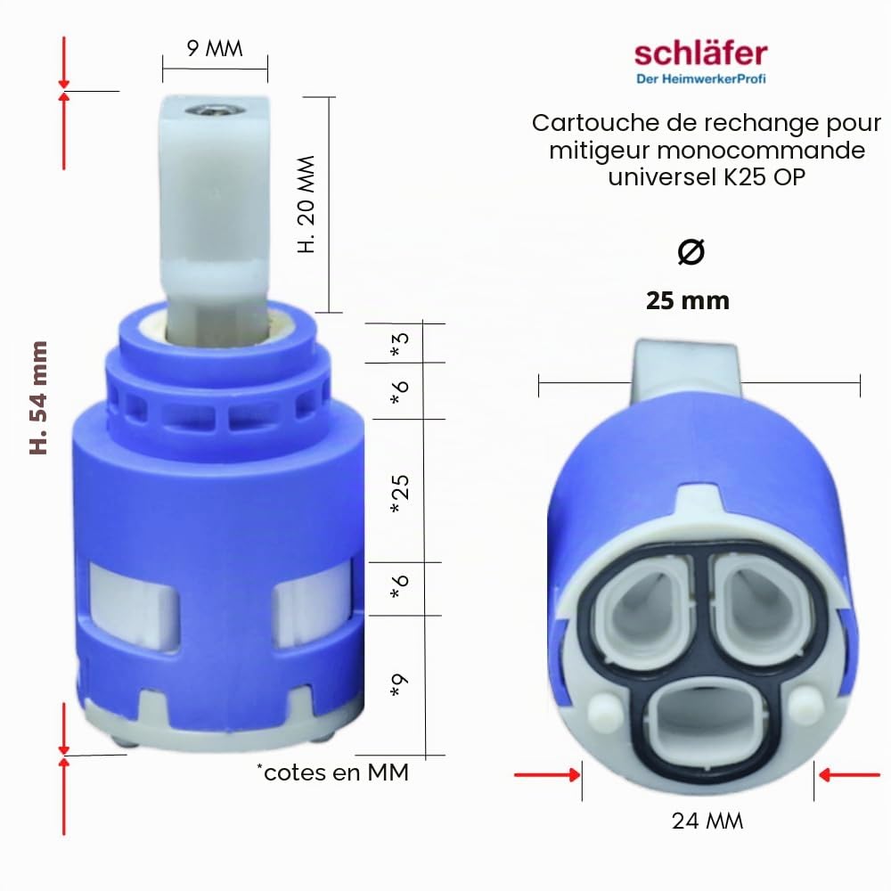Schläfer | 4800351 Cartouche de rechange KEROX 25 OPSsans régulateur de température, Cartouche Céramique Ø 25 mm pour Robinetterie, Mélangeur à cartouche de robinet en céramique, 25mm.