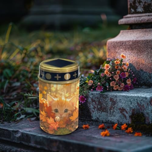 Image of Poceacles Flameless Candle Solar Powered Grave Outdoor Lights Cemetery Candle Flameless Fake LED Pillar Lights Outdoor Waterproof Lawn Decoration, Cute Cat Autumn Forest Leaf, Set of 6