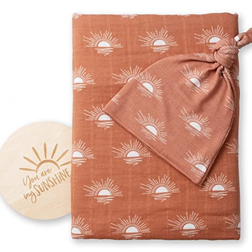 Image of Miaoberry 100% Organic Cotton Baby Muslin Swaddle Blanket Set| Rust Boho Sunrays Sunset| Gender Neutral for Boys Girls|Hospital Newborn Receiving Blanket |Newborn Unisex