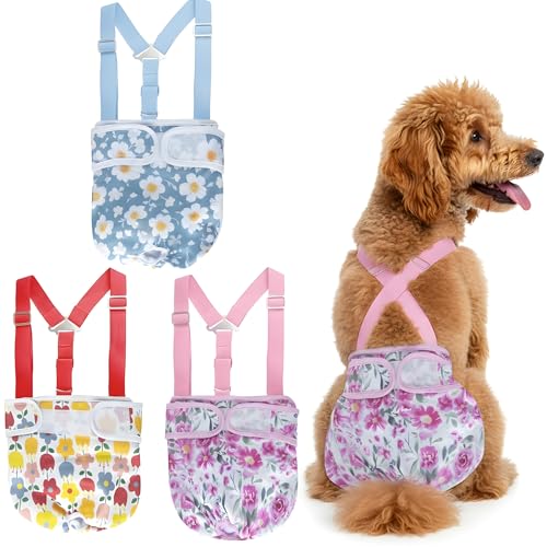 Washable Female Dog Diaper with Suspender - 3 Pack Reusable Super Absorbent Leakproof Fixed Doggie Diapers for Dogs in Heat Cycle