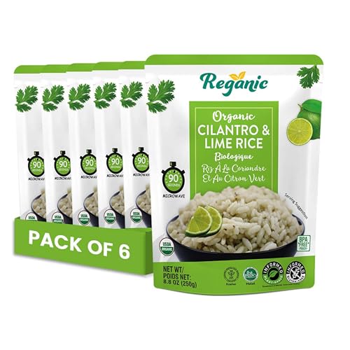 Regganic Cilantro Lime Rice - 90 Seconds - Organic, Long Grain White Rice, Vegan & Gluten Free | Ready to Eat Meals | BPA-Free | Microwavable Food, Easy Dinner, Side Dish | 8.8 Ounce (Pack of 6)