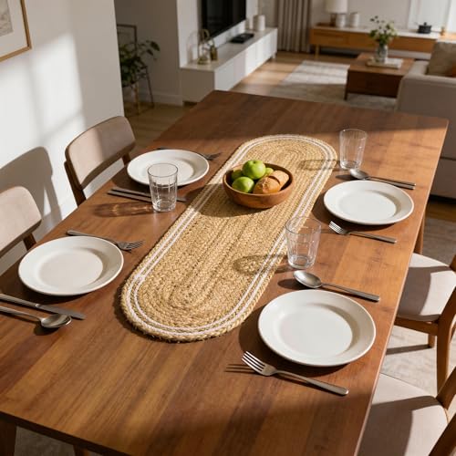 Image of Encasa XO Dining Table Runner | Handmade Woven Natural Jute Runner | Size 30x91 cm | Off White & Jute Natural Bleach Color | Heat Resistant Rustic Home Decor for Coffee, Teapoy Cover & Center Table