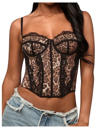 Verdusa Women's Y2K Lace Leopard Print Crop Corset Tops Rave Club Going Out Camisole Tops