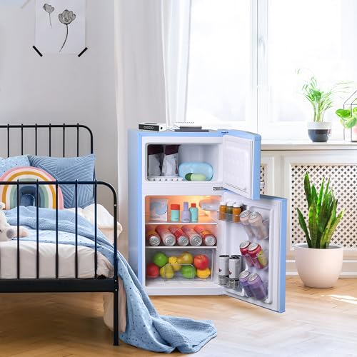 West Bend Mini Fridge with Freezer for Bedroom, Office, Bar or Dorm Room, Retro Compact Refrigerator features Glass Shelves, Manual Defrost and Adjustable Temperature Control, 3.1-Cu.Ft., Blue on Fridge.com