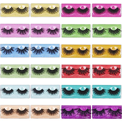 Pleell 24 Pairs False Eyelashes 12 Styles Mixed Fluffy Wispy Lashes Bulk 10D Dramatic Long Volume Faux Mink Lashes with Portable Eyelash Box Wholesale