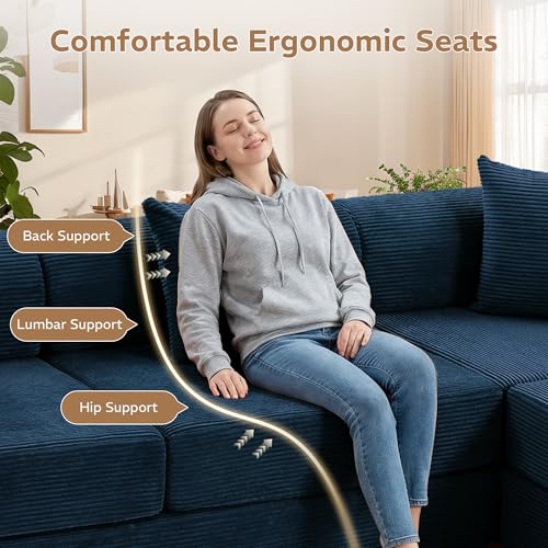Image of 142 inch 7-in-1 Convertible Modular Sectional Sofa Bed, Blue | Corduroy Fabric, Reinforced Frame, Deep Seat, Storage Bag, Tool-free Assembly for Living Room
