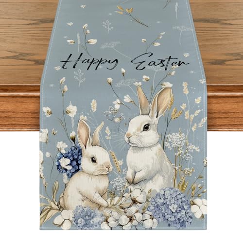 Artoid-Mode-Bunny-Rabbit-Hydrangea-Happy-Easter-Table-Runner-Seasonal-Spring-Kitchen-Dining-Table-Decoration-for-Home-Party-Decor-13x72-Inch Artoid Mode Bunny Rabbit Hydrangea Happy Easter Table Runner Seasonal Spring Kitchen Dining Table Decoration for Home Party Decor 13×72 Inch