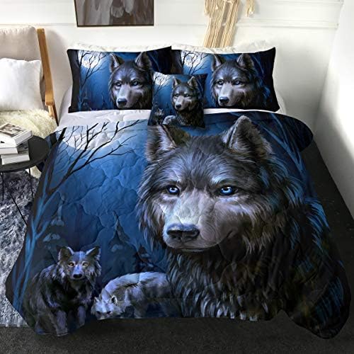 Sleepwish Moon Wolf Comforter Set Queen Size Blue 4 Piece Animal Wolves Printed Bedding with 1 Comforter 2 Pillow Shams and 1 Cushion Cover 3D Wolf Quilted Bed Set for Adults Men