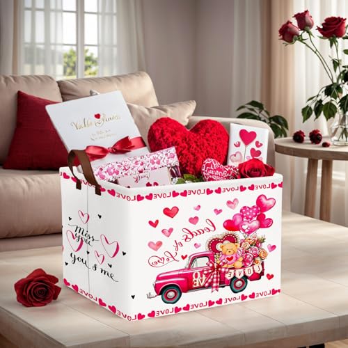Image of Cute Large Valentine's Day Gift Basket Empty Heart Decor Storage Bin for Kid Baby Room Decor (Rose Red Truck Bear)