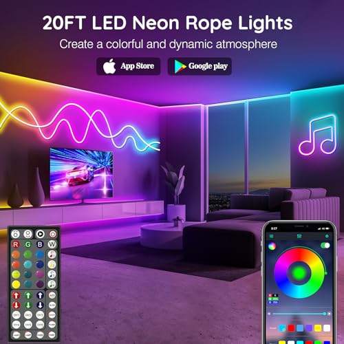 Image of AILBTON 20Ft LED neon Lights with Remote APP Control IP65 Waterproof Flexible Neon Strip Lights 24V RGB Rope Lights for Bedroom Room Outdoors Decor