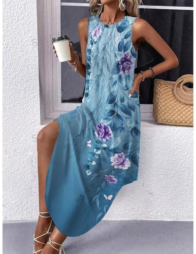 Image of Zeagoo Women Floral Summer Casual Beach Printed Tank Dress with Pockets Pleated Front Long Dress