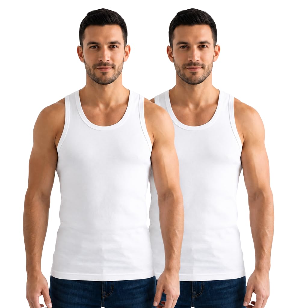 Men’s Cotton Vest Pack of 2 White Bio-Washed Breathable Sleeveless Innerwear Extended Length Label Free XS-2XL-image-41