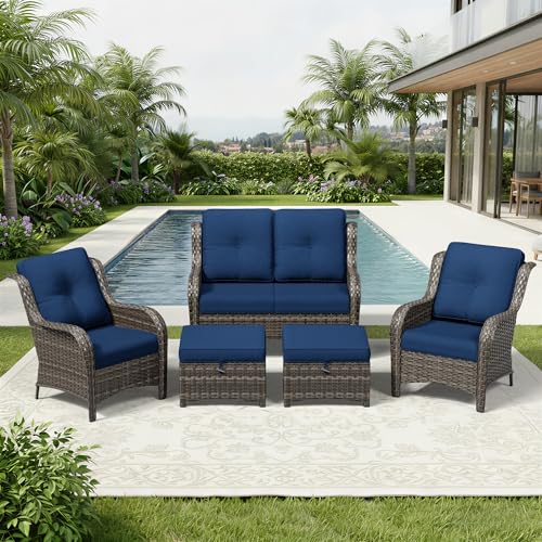 Image of Joyside 5 Piece Wicker Patio Furniture Set, Rattan Patio Chairs with High Back, Deep Seating, Wide Armrest, Thickened Cushions, Outdoor Furniture for Deck, Porch Use