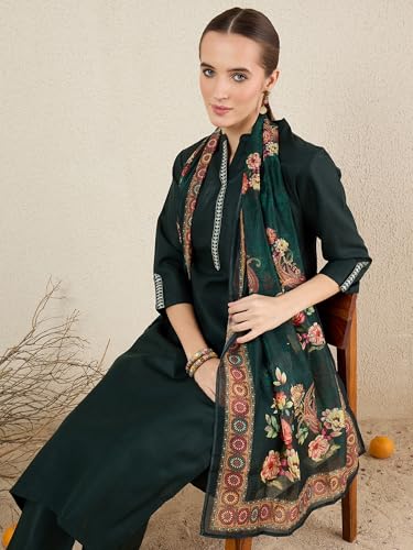 Image of INDO ERA Women's Straight Cotton Blend Ethnic Motifs Embroidered Kurta Pant With Dupatta Set