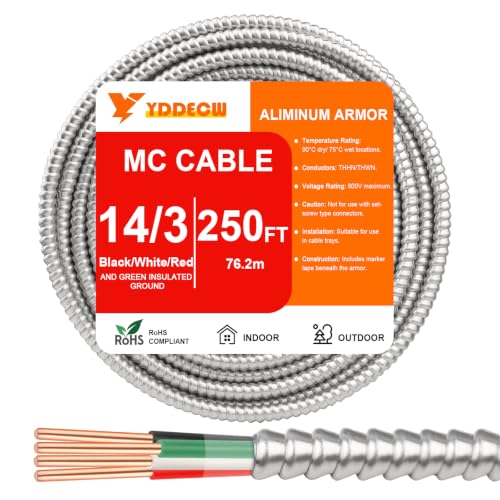 Image of 250FT 14 /3 Metal Clad (MC) Cable with Ground, 10 Gauge Electric Wire with Aluminum Armor, Solid Bare Copper Conductors for Indoor Outdoor Underground Embedded Installation (14 /3, 250 ft)