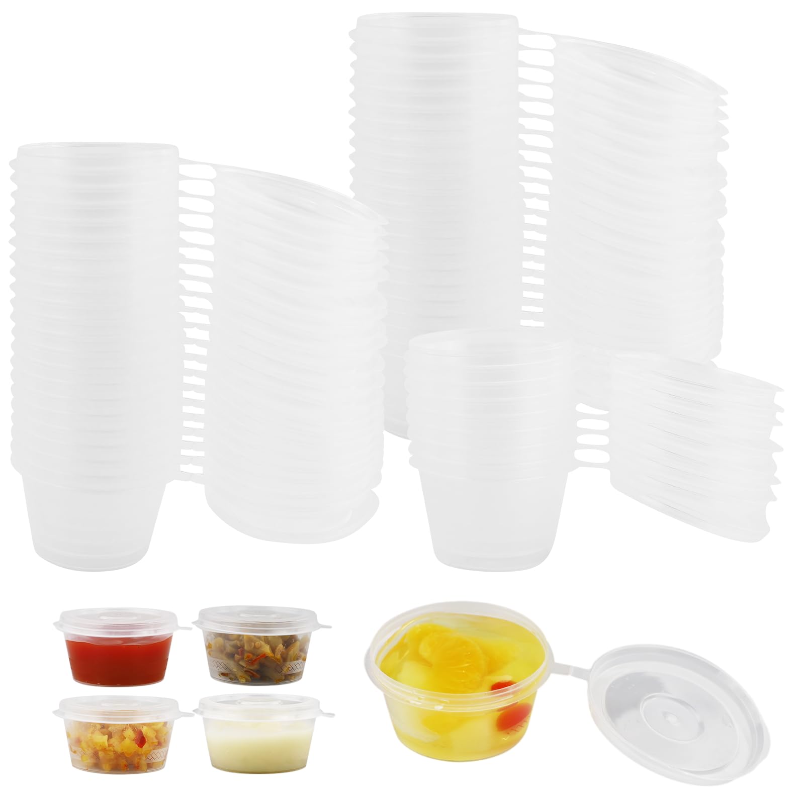 Maoqye Transparent 100 Pcs Small Plastic 1Oz Pots With Lids, Reusable Hinged Sauce Pots, Clear Jelly Shot Cups Small Plastic Deli Pot For Portion Controll, Sauce, Condiments, Meal Prep (25Ml)