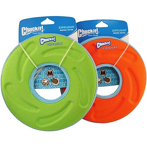 Image of Chuckit! Amphibious ZipFlight Floating and Flying Disc Dog Toy, Medium (8.5 inch), Assorted Colors (Orange and Blue /Green-and Blue), (Pack of 12)
