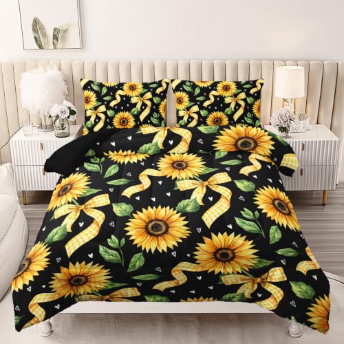 Image of AILONEN Black Sunflower Full Duvet Set 3 Piece, 1 Comforter + 2 Pillowcases, Bright Yellow Petals Olive Foliage Metallic Gold Ribbon Shapes for Modern Floral Guest Room