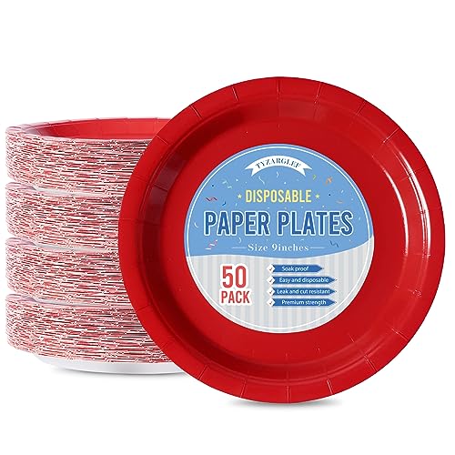 Image of Red Disposable Paper Plates, 9 Inch Dinner Party Plates, 50 Count Bulk | Colored and Sturdy Durable Party Plates, for Birthday, Halloween, Christmas, Baby & Bridal Showers, BBQ, Pizza & Sandwiches
