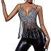 Women Sexy Mesh Rhinestone Crop Top Sparkly Glitter Halter Fishnet Tank Top See Through Cover Up Tassel Shirt Clubwear Silver