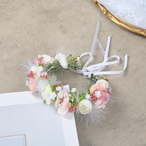 Baby Girls Flower Crown Flower Girl Headpiece boho Little Wreaths for Weddings, Family photography (Pink White)3