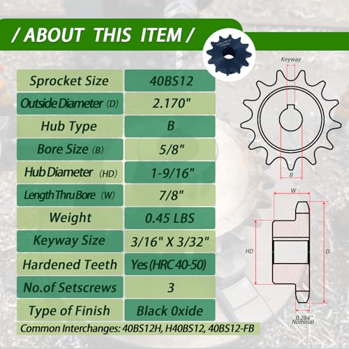 Image of #40 Roller Chain Sprocket 12 Tooth 5 /8 inch Bore (3 /16 inch Keyway) Black Oxide Rust-Proof with 3 Set Screws & Keyway for Mini Bike Go-Kart ATV, Hardened 1045 Steel 40BS12-5 /8