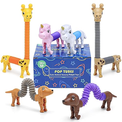 Image of UrChoice 6-Pack Cute Animal Pop Tubes: Fidget Toys for Sensory Play, Engaging Toddler Sensory Tubes for Stress-Relief & Sound Play