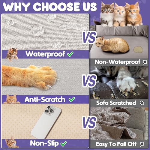 Loiion Sofaschutz Katze, Sofabezug 2 Sitzer Couch Schutz Katze, Rutschfester Couch Überwurf, Sofabezug Wasserdicht, Schonbezug Sofa für Haustier Kinder Katzen Hunde, Beige, 300x180cm