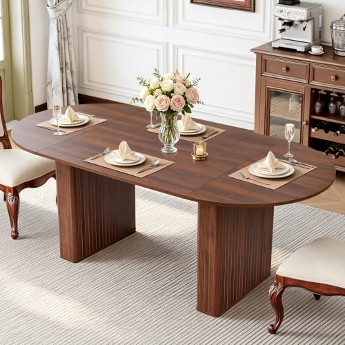 Image of weselon 78.7 inch Oval Dining Table for 6-8 People, Large Kitchen Dining Table with Fluted Pedestal Base, Modern Minimalist Dining Room Table with 3-Piece Tabletop, Walnut (Chairs Not Included)