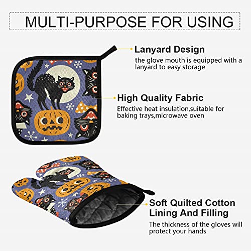 Oven Mitts And Pot Holders Set High Insulated Oven Gloves With Heat Insulation Pad Cat And Halloween Pumpkins Soft Cotton Lining And Non-Slip Surface Kitchen Mitten For Safe Bbq Cooking Baking #TOP3