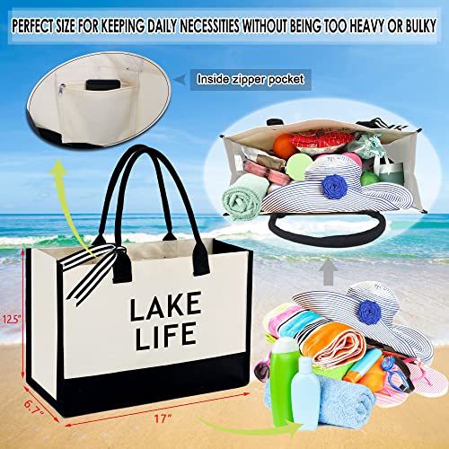 BeeGreen Beach Tote Bag For Women 13oz Canvas with Inner Zipper Pocket Print Pattern 17" X 12.5" X 6.7" White Side Personalized Gifts For Women Birthday Gifts For Mom Friend Thank You Gifts2