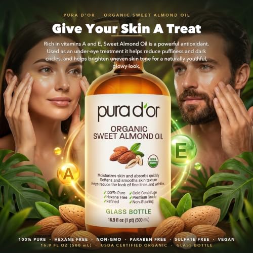 PURA D'OR ORGANIC Sweet Almond Oil (GLASS BOTTLE) Pure Cold-Pressed, 16.9oz - image 3