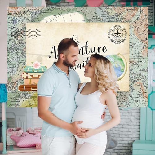 Mocsicka 7x5ft Adventure Awaits Backdrop Travel Themed Let The Adventure Begin Party Decorations World Map Vintage Airplane Travel Around The World Birthday Bridal Shower Photo Banner by Mocsicka - Image 3