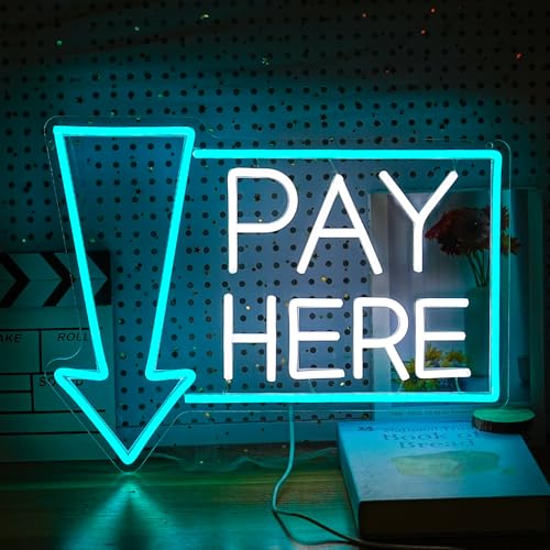 Pay Here Neon Sign Bright Ice Blue White Pay Light Up Sign for Bu...