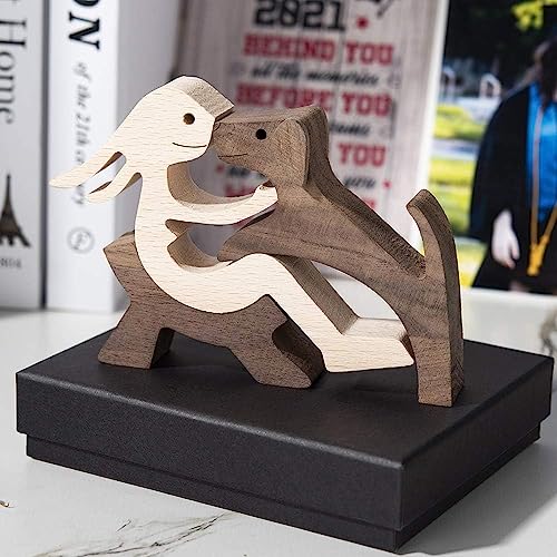 Jognee Handgefertigte Holzstatue, Welpen-Holzschnitz-Ornamente, herzerwärmendes Geschenk für Hundeliebhaber, Bastelfigur, Holz, kleine Dekorationen für Zuhause, Büro, Wohnzimmer (B - Damen + Hund)