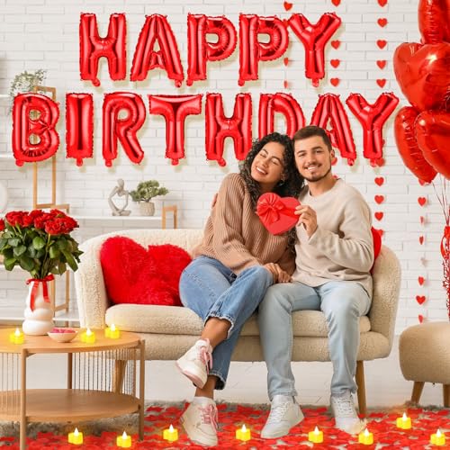 Image of Red Happy Birthday Balloons Decorations Happy Birthday Letter Balloons Banner Set with 24pcs Heart Flameless LED Candles and 2000pcs Artificial Rose Petals for Women Men Room Party Decor