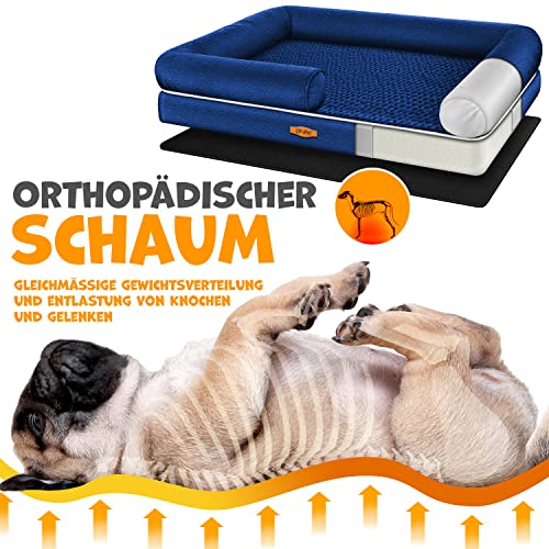 Lovpet® Orthopädisches Hundebett Hundekissen Hundekorb Relax, Inkl. Napf + 3X Kauknochen, Hundesofa für Kleine, Mittelgroße & Große Hunde, Bezug abnehmbar und waschbar, 91x71x22cm Navyblau