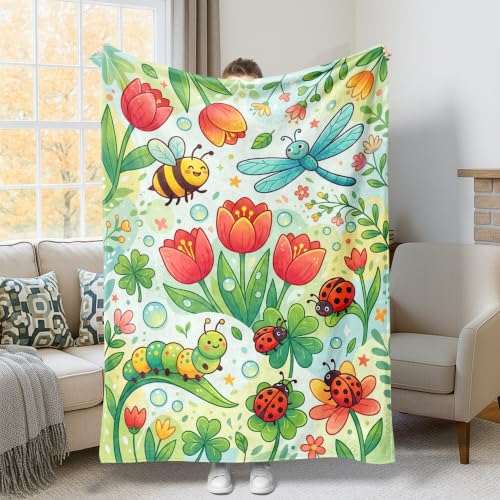 Plaid abeille, libellule et chenille, couverture confortable pour canapé