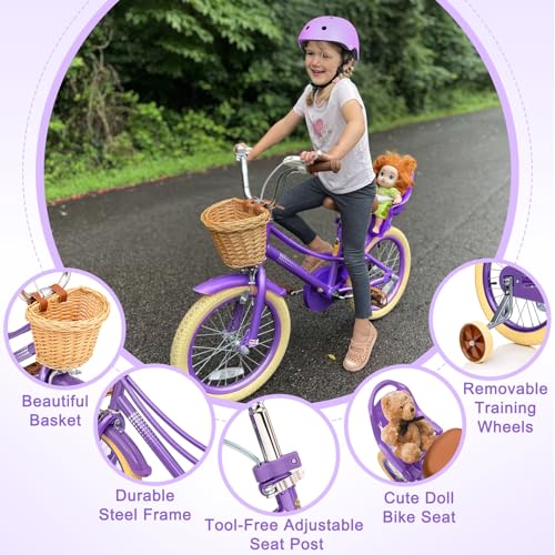 Image of Glaf Girls Bike Bicycle for 2-12 Years Old 12 14 16 20 inch Kids Toddler Bike with Training Wheels and Basket,Doll Seat, Kids Bike Bicycle for Gift