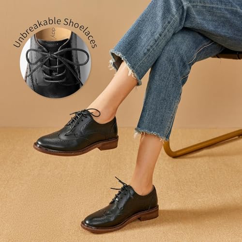 Image of BEAU TODAY Oxford Shoes for Women,Leather Brogue Dress Shoes,Comfort Brethable Ladies Lace-up Handmade Wingtip Shoes for Business Work