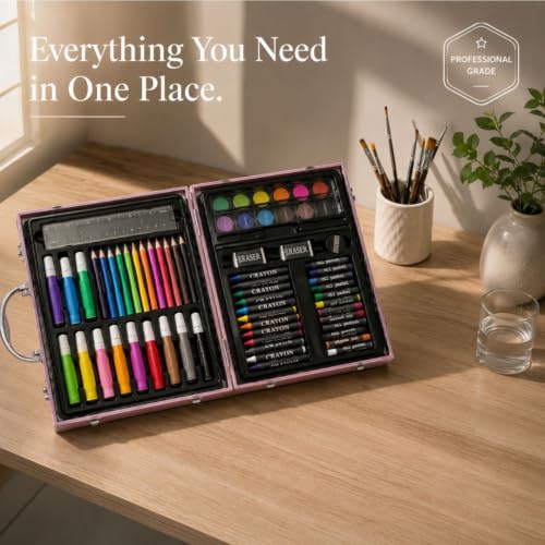 Image of EDUWATION 67 Pieces Unicorn Art Set for Kids, Drawing & Painting Kit with Colour Pencils, Sketch Pens, Oil Pastels, Watercolour Paints, Crayons, Brush, Eraser, Sharpener & Portable Carry Case, Gift for Girls Boys