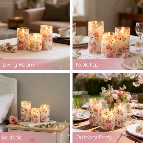 Image of LUSHARBOR Flameless Candles with Remote, Battery Operated Glass Candles Pink Rose Flickering LED Candles Real Wax Floral Christmas Decor Electric Pillar Candles Set of 3