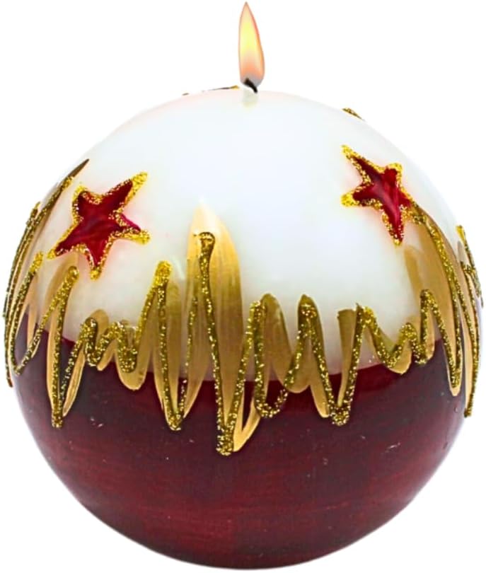 Elegant Ball Candle, Table Candle, Decorative Candle, Wax Candle with Christmas Motif, Christmas Candle as a Ball, 10 cm Christmas Star, in White, red and Gold.