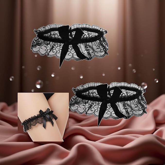 2Pcs Black Wedding Garter for Bride, Lace Bowknot Garter Party Prom Leg Belt Bowknot Elastic Leg Ring