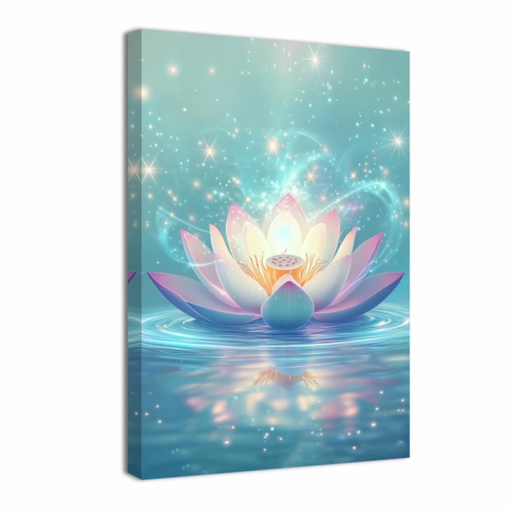 LMYSXAOZ Lotus Picture for Bathroom Zen Wall Decor Pink Lotu Blooming Canvas Prints Spa Decoration Calm Meditation Space Framed(Blue,28L x 42W)