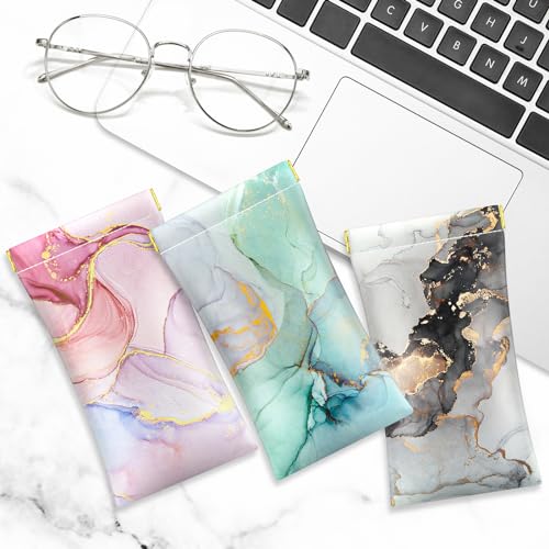 Image of 3 Pack Eyeglasses Pouch, Portable Squeeze Top Leather Sunglasses Pouch Spring Storage Glasses Case, Multi Marble