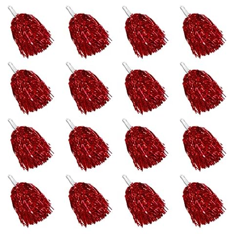 PPXMEEUDC 16PCS Cheerleading Pom Poms Metallic Foil Plastic Pom Poms with Baton Handle for Game Sports Squads Dancing Party Football Basketball Club Spirit Sports Stage Performance Celebration (red) Cover
