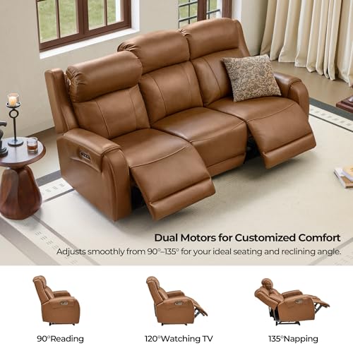 Image of CHITA Genuine Leather Power Recliner Sofa, Loveseat with Console, Saddle