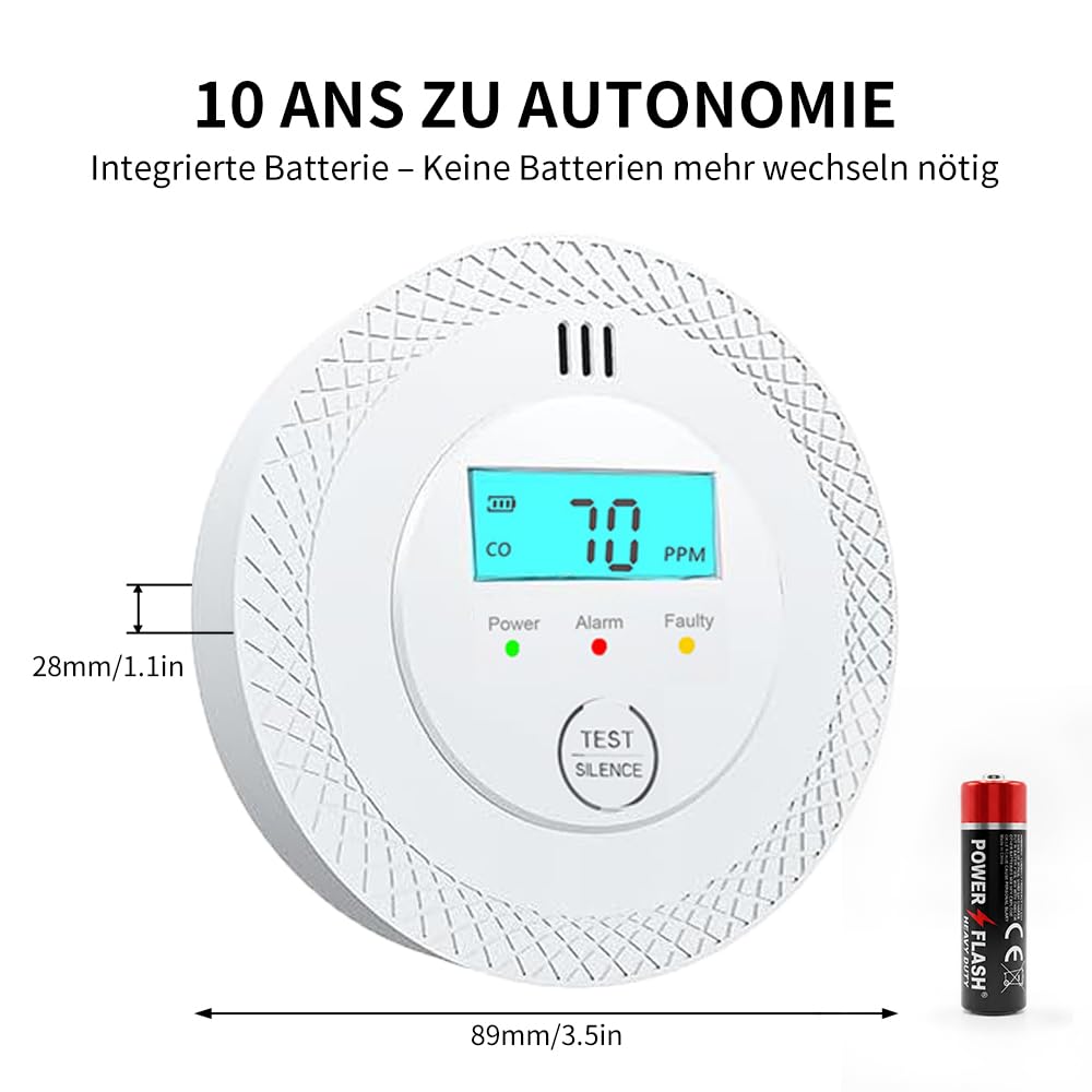 Detector de Monóxido de Carbono Blanco - 10 años de Vida útil de la batería, Alarma de CO, instalación fácil para autocaravanas, Casas y oficinas (4 Pack)