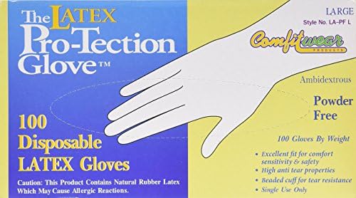 COMFITWEARDisposable Latex Gloves, Powder Free Size Large, 100 gloves per box